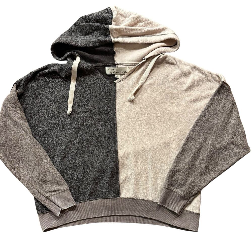 Pink & Brown Color Block V Neck Hoodie Sweater Oversized Small Vintage Havana